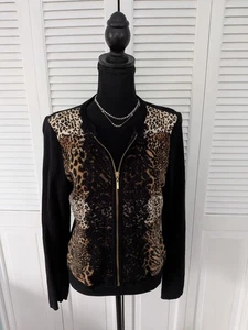 Chico's Suéter Mujer M/1 Negro Marrón Cremallera Completa Encaje Estampado Leopardo Cárdigan Top - Imagen 1 de 12