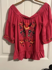 #7339. Umgee Women's Hot Pink Off-the-Shoulder Embroidered Shirt. Size S - Picture 1 of 11
