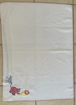Pottery Barn Kids White Fleece Baby Blanket Red Trim Lion Elephant Zebra Vintage - Image 1 of 4