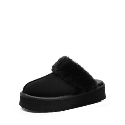 Women Genuine Suede Slippers Faux Fur Lining Platform Indoor House Shoes - Image 1 of 4