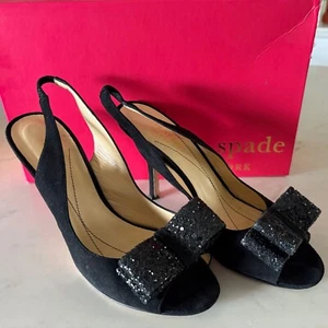 $350 KATE SPADE Chase Black Suede Slingback Heels Glitter Bow Peep Toe 6.5B EUC - Picture 1 of 9