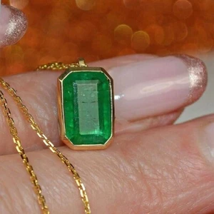 3.15ctw Emerald Cut Natural Emerald Pendant Solid 14k Yellow Gold With Chain - Picture 1 of 10
