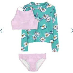 Carters Girls 3 Pcs Longline Bikini Top Rash Guard Bottoms Swimsuit Set Sleeve 4 - Picture 1 of 4