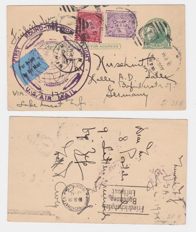 53045 Zeppelinpost Ganzsache First Round-the-Wolrd Flight US Air Mail USA 1929 - Bild 1 von 1
