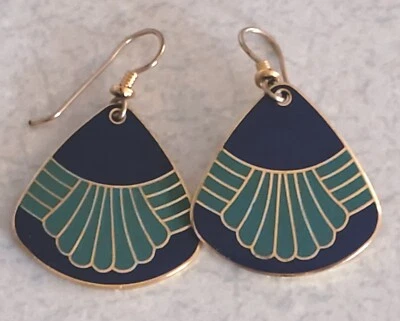 Vintage Laurel Burch Earrings - Dangle Enamel Turquoise Blue Fan Shell - Pierced - Image 1 of 3