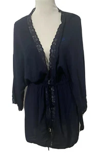 Vera Bradley Women's Robe Classic Navy Tie Belt Lace Trim Rayon Short Size XL  - Picture 1 of 12