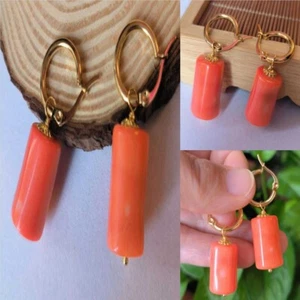 Handmade natural coral bucket pearl earrings 18K Drop Bridal Women Platinum - Picture 1 of 12