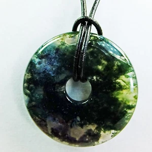 Dark Green Moss Translucent Agate 1 3/4" Donut on Leather Cord Necklace NEW #24 - Picture 1 of 4