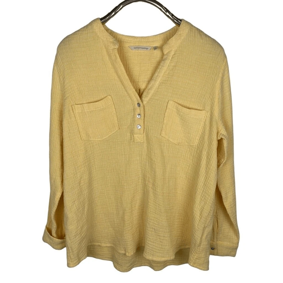 Soft Surroundings Yellow Long Sleeve Cotton Gauze Popover Top Tunic Size Large - Image 1 of 4