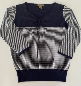 Peck & Peck Weekend Sweater Navy & White Stripe Long Sleeve V-Neck laced Large - Picture 1 of 12