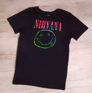 T-shirt grafica Nirvana cravatta arcobaleno tie smiley face nera donna taglia XXL - Foto 1 di 4