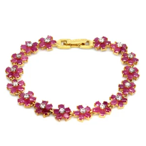 Gemstone Heated Red Ruby & White Zircon Bracelet 7.5" 925 Sterling Silver - Picture 1 of 5
