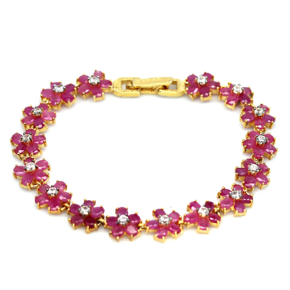 Gemstone Heated Red Ruby & White Zircon Bracelet 7.5" 925 Sterling Silver  - Image 1 of 4