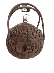 Cesta marrón antigua tejida a mano vintage con tapa 2 asas estilo bola de 9" - Imagen 1 de 9