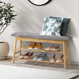 Oikiture Shoe Storage Bench Bamboo Shoes Rack Cabinet Shelf Organiser Stool 90cm - Picture 1 of 10