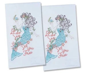2 Mermaid Towel Beach Themed Kitchen Towels Flour Sack Embroidered Dishtowel Set - Picture 1 of 4