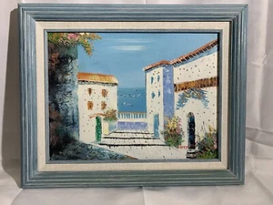 Picturesque Vintage Impasto Oil Painting of Sunny Mediterranean Seaside Village - Picture 1 of 15