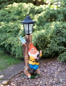 Solar Powered orange Gnome Led Lamp Post Garden Outdoor Light Up Ornament Statue - Picture 1 of 2