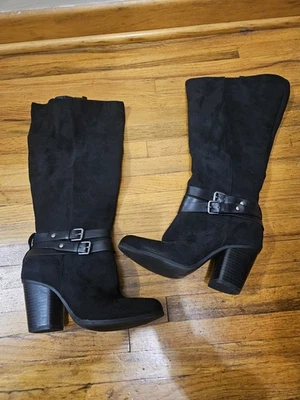 Torrid Black Faux Suede Block Heel Buckle Casual Wide Calf Knee High Boots 6.5W - Image 1 of 4