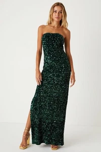 Lulus NWT $79 Sequin Maxi Dress Emerald Green Velvet Strapless Slit Womens XS - Picture 1 of 6