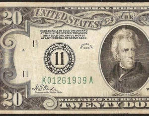 1928 $20 NUMERICAL SEAL 11 DALLAS FEDERAL RESERVE GOLD CLAUSE NOTE Fr 2050-K - Picture 1 of 3
