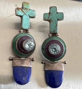 2,75" Vintage Darla N Nordstrom Sterlingsilber Tropfen Türkis Kreuz Ohrringe - Bild 1 von 9