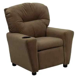 Contemporary Brown Microfiber Kids Recliner with Cup Holder - Picture 1 of 8