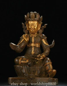 7.4“Old Chinese Tibet Copper Gilt Vaishravana On Lion Protector Deity sculpture - Picture 1 of 9