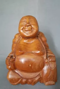 12" Wood Handwork Carving Happy Laugh Maitreya Buddha Statue - Picture 1 of 5