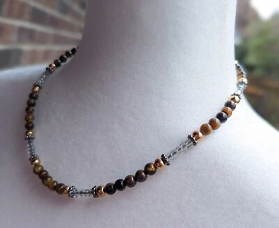 Collar SemiPrecioso Ojo de Tigre 6mm Bronce Cuentas 19" - Cierre Langosta  Foto 1 de 4