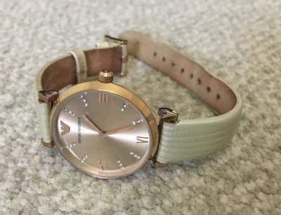 emporio armani ar1681 silver crystal dial rose gold cream leather ladies watch - image 1 of 4