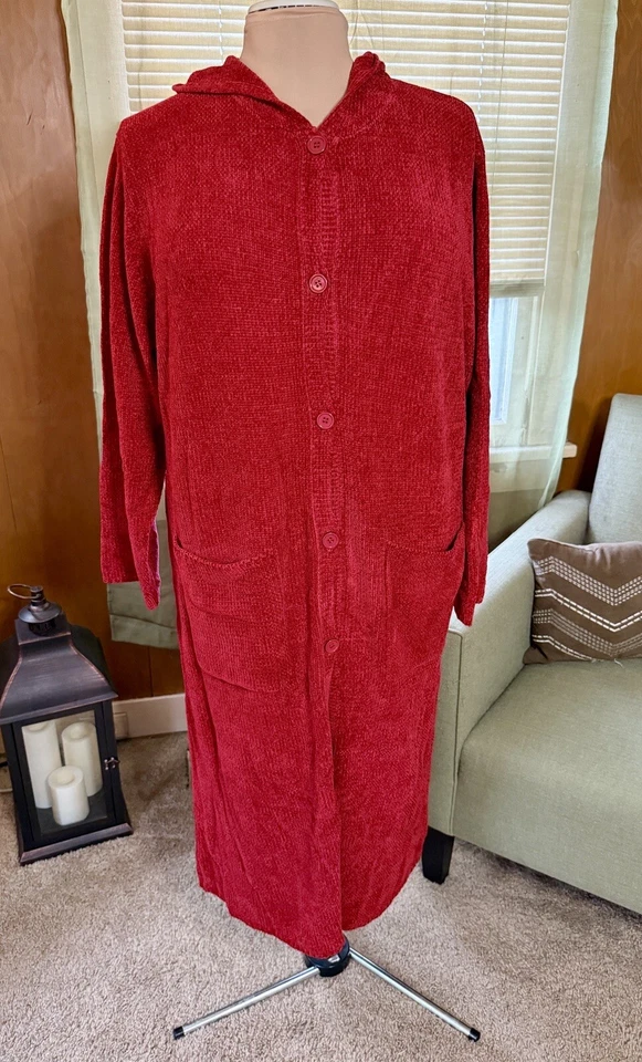 Cardigã Denim & Co Botão Frontal Suéter Espanador com Capuz - Vermelho (Tamanho 1X) - Imagem 1 de 4