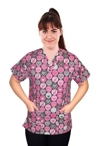 Scrubs Nurse Top NWOT- PINK HEARTS print (XS-2XL ) 2 POCKETS- also CAPS - Picture 1 of 10