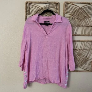 Tahari Linen Blouse Top Tunic Side Buttons Boho Beachy Minimalist Barbie Pink 1X - Picture 1 of 10