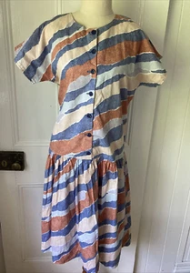 Vintage Homemade Size 14 80s House Dress Blue Beige Abstract Print Shirt Dress - Picture 1 of 10
