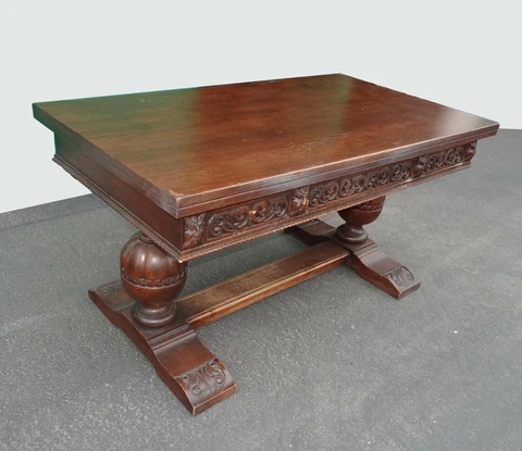 Antique Elizabethan Style Ornately Carved Trestle Writing Desk Spanish Style Cover