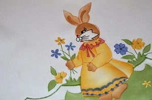 EASTER BUNNY COUPLE ENJOY THEIR SPRING GARDEN RETREAT! GERMAN PRINT TABLECLOTH - Picture 1 of 9