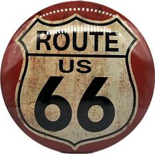 US ROUTE 66 ROUND DOME TIN SIGN MAN CAVE GARAGE AUTOMOBILE 16” RED AND WHITE