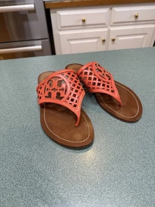 Tory Burch Thatched Perf Women Leather Thong Sandal Size 6.5 - Picture 1 of 8