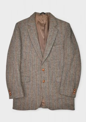 Jaqueta Harris Tweed Masculina Vintage 40L Blazer de Lã Marrom Espinha de Arenque Casaco Caudas - Imagem 1 de 4
