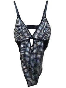 Womens Lg Body Rage Black Silver Color Change Bling One Piece Bodysuit Lingerie - Picture 1 of 5