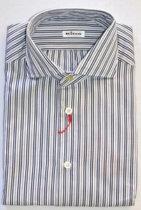 KITON Mens White Navy Stripe French Cuff Dress Shirt Size 17.5 NEW $600 - Picture 1 of 10