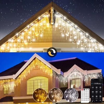 Luci Natale Cascata Esterno con APP, 17 Modalità,Bianco Caldo/Freddo,Telecomando - Immagine 1 di 4