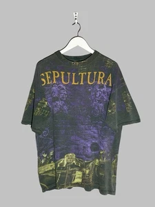 Vintage 90s Sepultura AOP All Over Print Rock Metal Band T-Shirt Blue Grape Tag - Bild 1 von 22