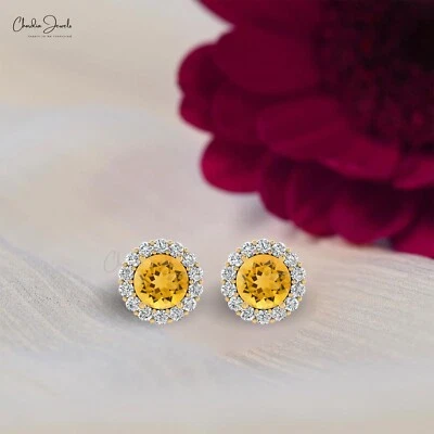 4mm Round Citrine Diamond Halo Stud 14k Solid Gold Christmas Earrings For Women - Image 1 of 4