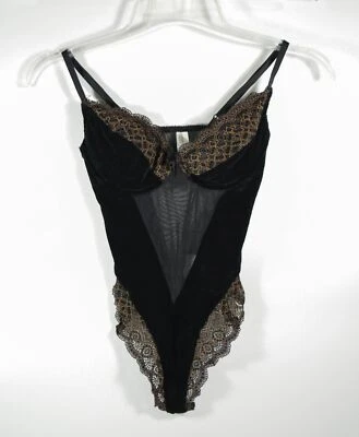 Vintage Victoria Secret Black Velvet Sheer Mesh Underwire Bodysuit Teddy Sz 36C - Image 1 of 3