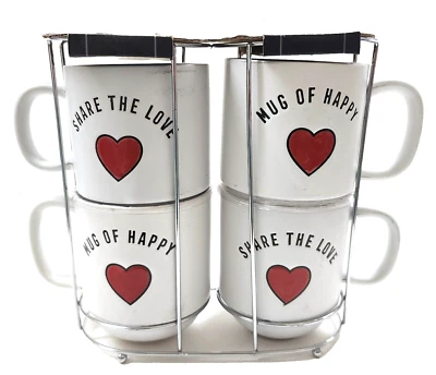 Set 4 SHEFFIELD Blanc, Rouge Coeur Amour Empilable Tasse Café , Thé + Métal Rack - Photo 1/4
