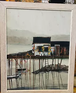 Olio su tela originale M. Giguere scena darsena acqua oceano mare paesaggio realistico - Foto 1 di 11