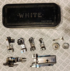 Old Vintage White And Greist Sewing Machine Attachments with Metal Black Box - Picture 1 of 6