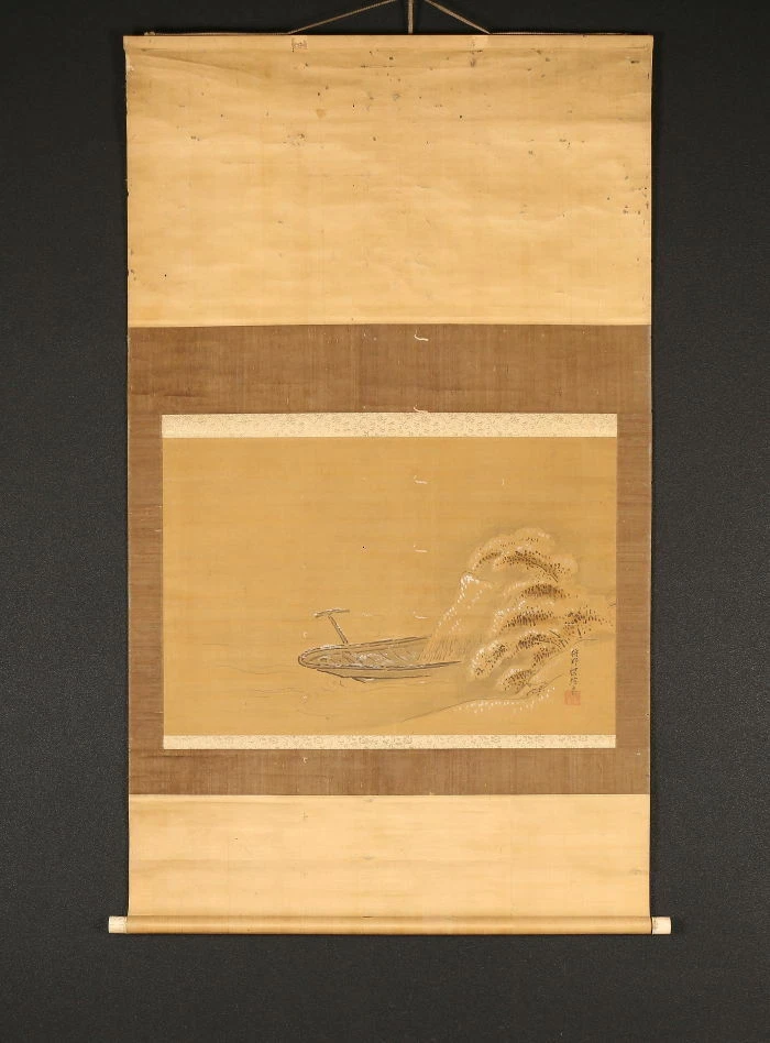 KAKEJIKU PERGAMINO COLGANTE / Barco de paisaje en la nieve por Tanshin Kano 狩野探信守政 #635 Foto 1 de 4